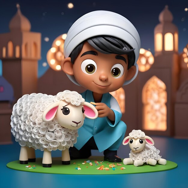 Des enfants mignons jouant avec les mignons moutons d'Eid