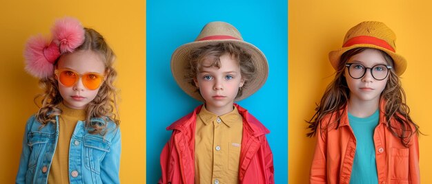 Des enfants mignons posent sur un fond coloré dans ce collage.