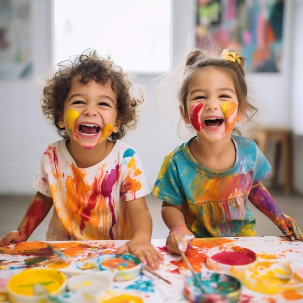 Enfants mignons riant ensemble et s'amusant avec des peintures peintes dans les mains de la peau Portrait d'enfant