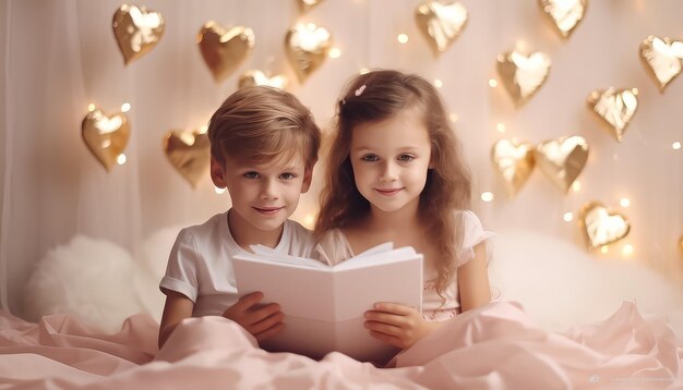 Des enfants mignons sont assis sur un lit.