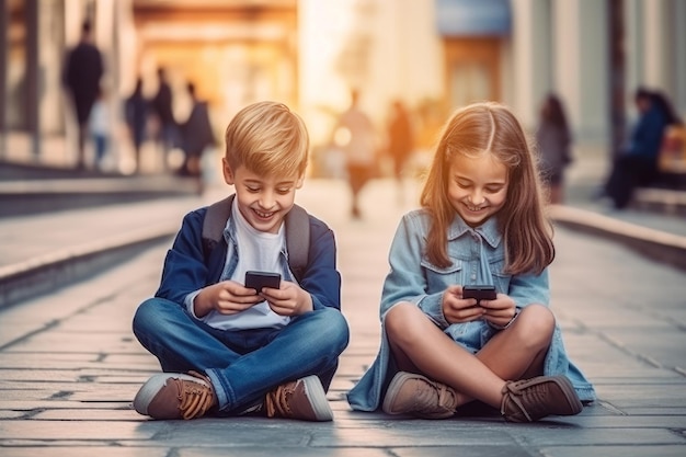 Enfants modernes utilisant un téléphone portable pour se divertir