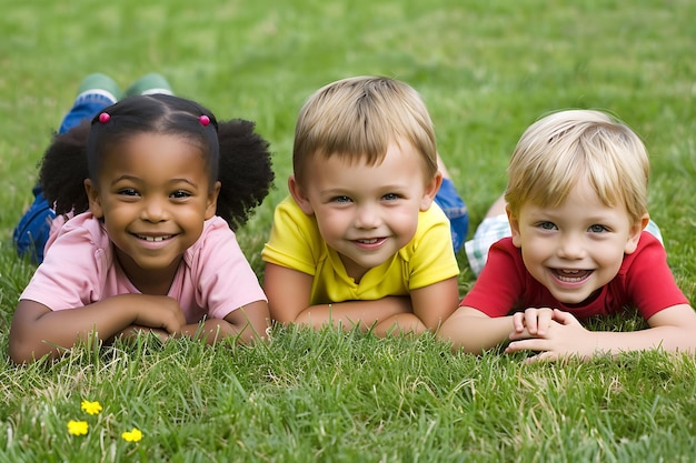 Photo des enfants multiculturels heureux jouant ensemble à l'extérieur dans un parc