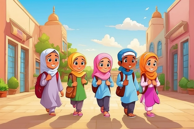 Des enfants musulmans en dessin animé qui vont à l'école.