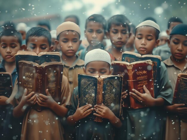 Des enfants musulmans lisant le livre sacré.