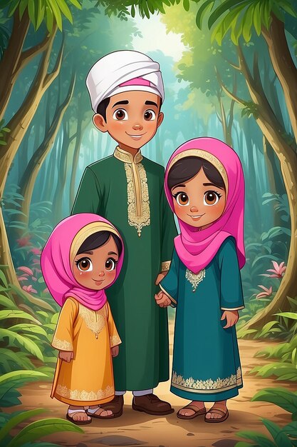 Des enfants musulmans malaisiens portant des vêtements traditionnels dans la scène de la forêt personnage de dessin animé