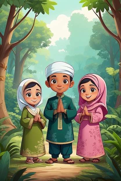 Des enfants musulmans malaisiens portant des vêtements traditionnels dans la scène de la forêt personnage de dessin animé