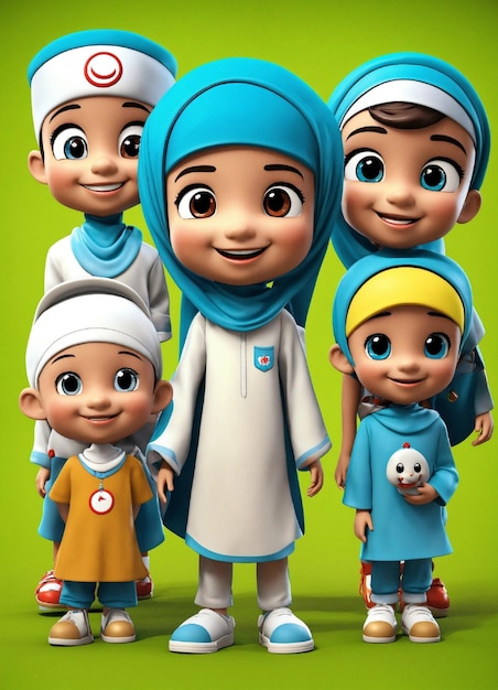 les enfants musulmans mascotte 3d souriant plein corps sœur frère