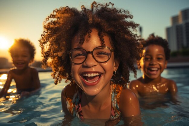 Des enfants nagent dans une piscine au coucher du soleil sur le toit d'un gratte-ciel