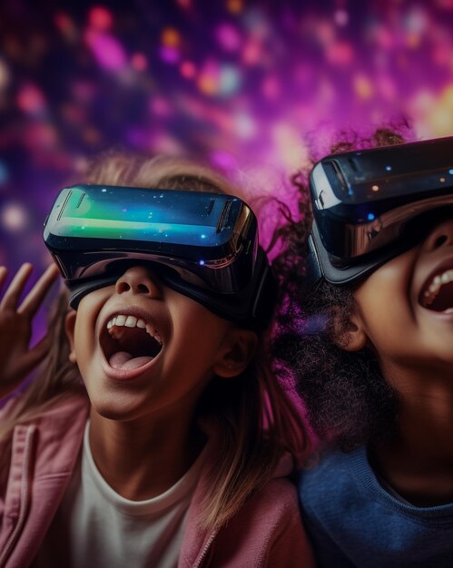 Photo les enfants de la nouvelle génération utilisent des casques vr pour s'immerger dans de nouveaux mondes de jeux vr gen alpha digital native
