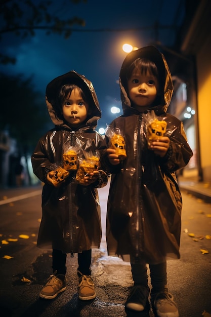 Enfants de nuit en automne collectant des bonbons à Halloween