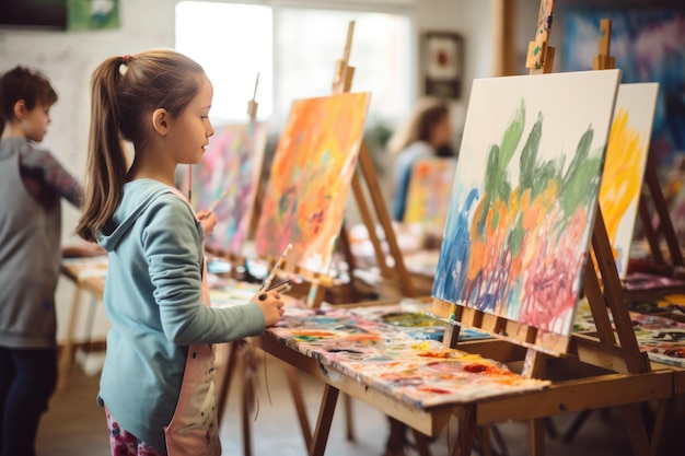 Enfants peignant sur des chevalets en classe d’art