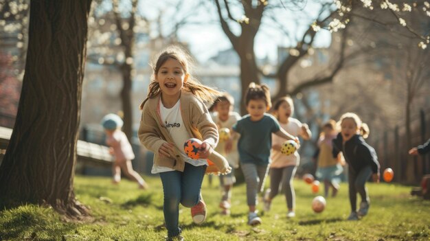 Photo les enfants peignent des œufs de pâques dans le parc heureux et pleins de loisirs