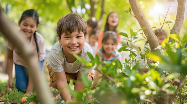 Les enfants peignent des œufs de Pâques dans le parc heureux et pleins de loisirs