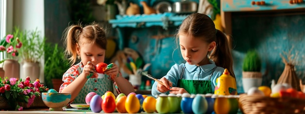 Les enfants peignent des œufs de Pâques Focus sélectif