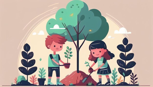 Enfants plantant un arbre pour la santé du monde et de l'environnement Créé avec la technologie Generative AI