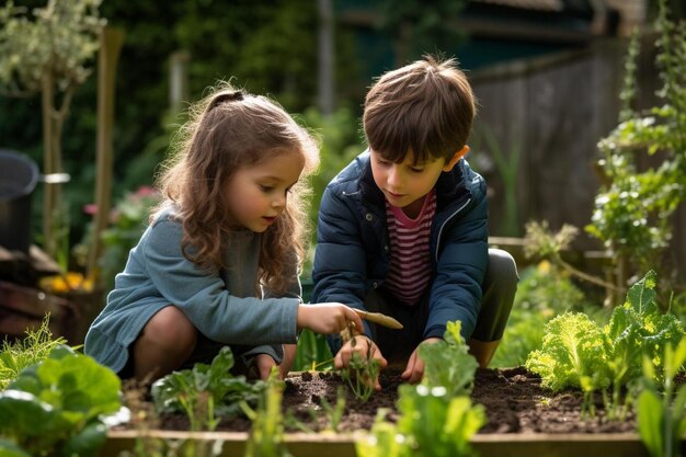 Des enfants plantant de la laitue dans un jardin.