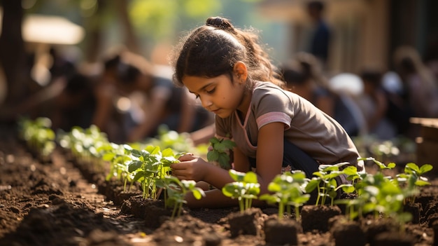 Des enfants plantent un jardin de légumes en arrière-plan