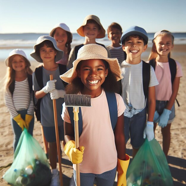 Enfants posant pendant le nettoyage de la plage