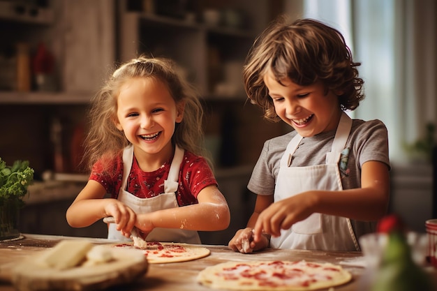 Enfants préparant des mini pizzas avec des sourires