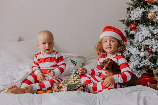 Des enfants en pyjama rouge et blanc assis dans leur lit partagent des bonbons de Noël entre eux et avec leur chien