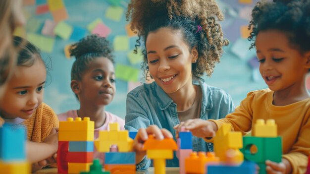 Des enfants qui jouent joyeusement et des enseignants qui construisent avec des blocs.