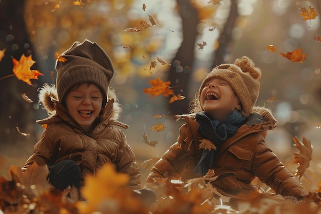 Des enfants qui rient et jouent dans les feuilles d'automne.