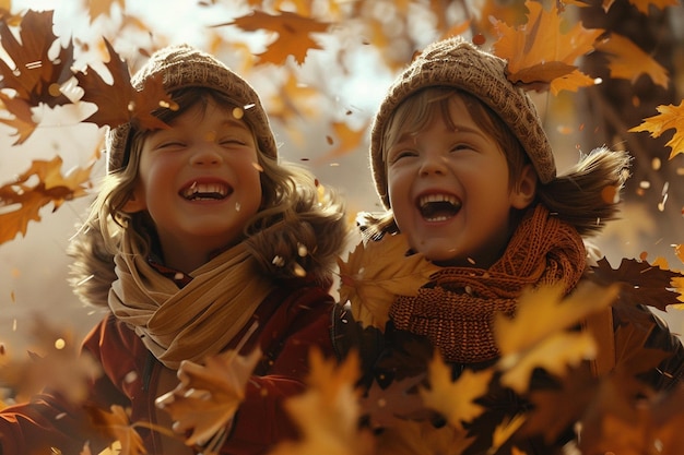 Des enfants qui rient et jouent dans les feuilles d'automne.