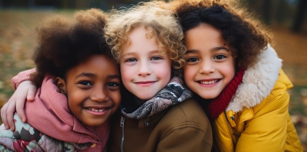 Des enfants de races différentes s'embrassent et sourient.