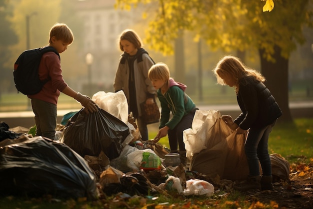 Les enfants ramassent les déchets dans le parc