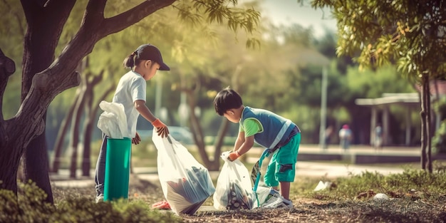 Des enfants ramassent des ordures au parc pour le Jour de la Terre Generative AI