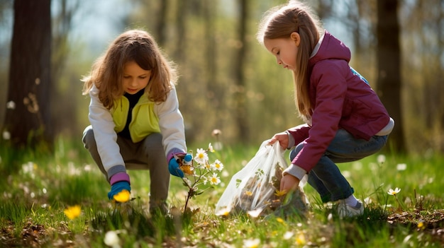 Les enfants ramassent les ordures dans le parc générative AI