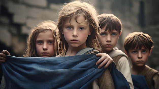 Des enfants ravagés par la guerre tiennent des drapeaux d'Israël.