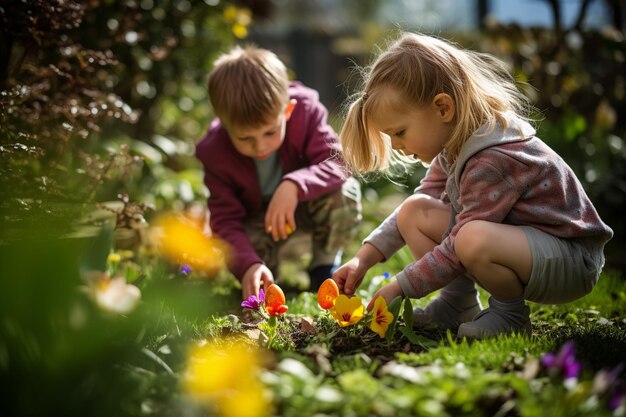 Des enfants à la recherche joyeuse d'œufs de Pâques dans un jardin de printemps en fleurs