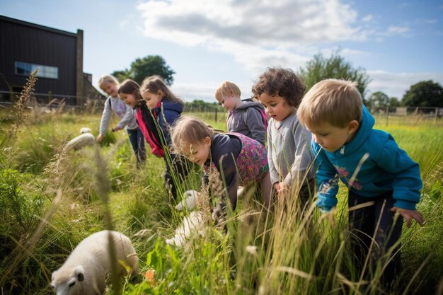 Enfants regardant des moutons dans un champ avec un mouton en arrière-plan.