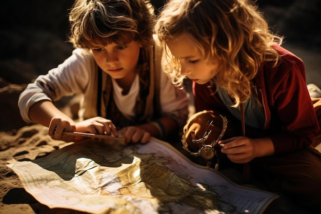 Photo les enfants regardent une carte avec la lettre a dessus