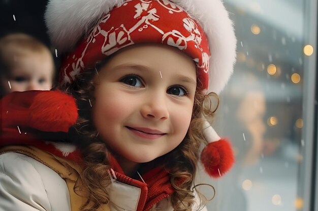 Des enfants regardent une fenêtre d'un magasin de Noël le jour de Noël.