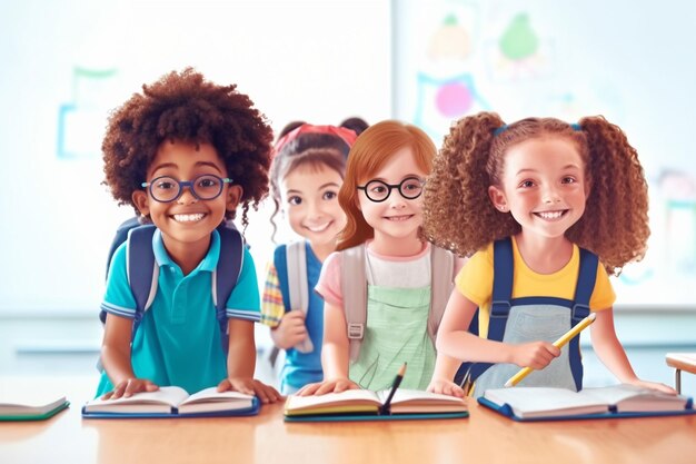 les enfants retournent à l'école avec des sacs à dos et des livres