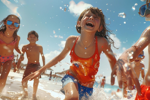 Des enfants rient et s'amusent en jouant à la plage.