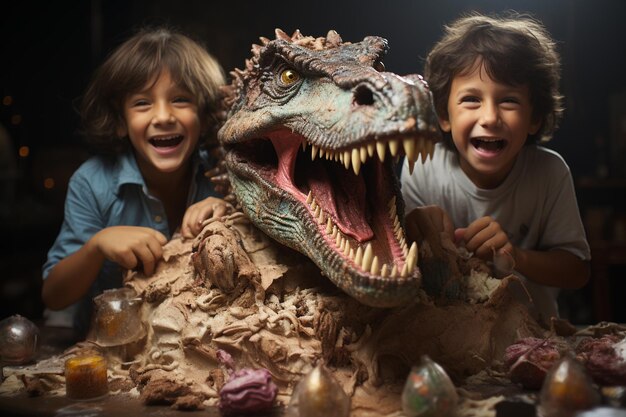 Photo les enfants s'amusent autour du gâteau