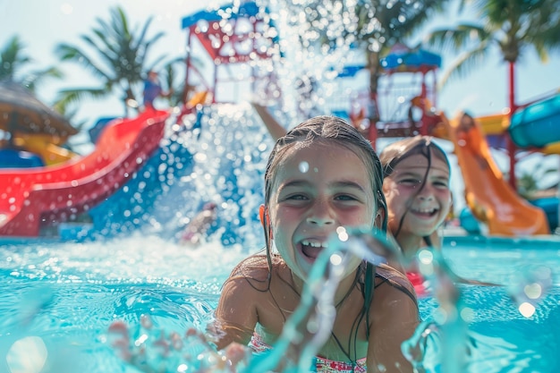 Photo des enfants s'amusent dans le parc aquatique de la station balnéaire