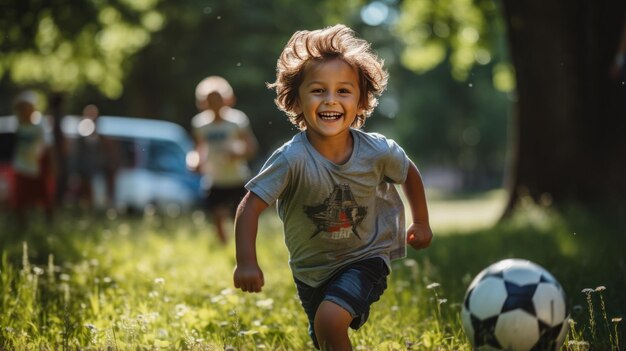 Les enfants s'amusent à jouer au football sur l'herbe