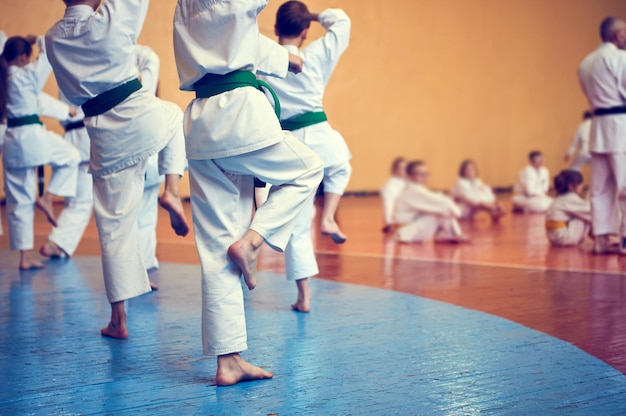 Enfants s'entraînant sur karatedo Bannière avec espace pour le texte Style rétro Pour les pages Web ou l'impression publicitaire Photo sans visages