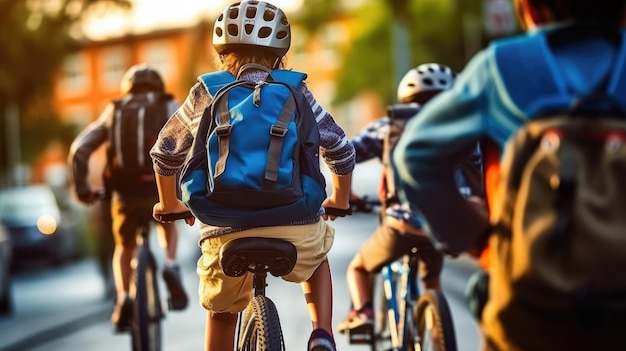 Enfants avec des sacs à dos allant à l'école à vélo