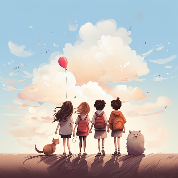 Enfants avec sacs à dos et chat sur fond de ciel Illustration du concept de la journée de l'amitié