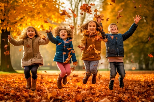 Des enfants sautent joyeusement dans un tas de feuilles tombées créées avec la technologie d'IA générative.