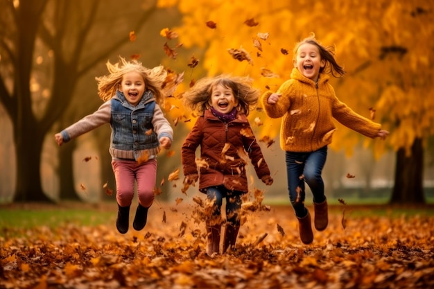 Des enfants sautent joyeusement dans un tas de feuilles tombées créées avec la technologie d'IA générative.