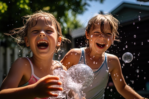 Des enfants se battant avec des ballons d'eau dans une cour arrière, leurs expressions pleines de méchanceté.