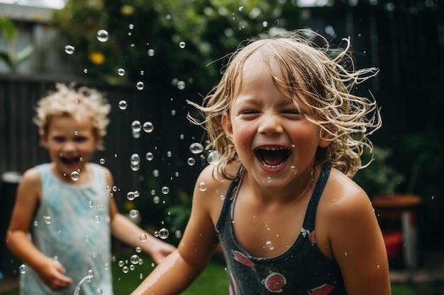 Des enfants se battant avec des ballons d'eau dans une cour arrière, leurs expressions pleines de méchanceté.