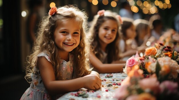 Les enfants se divertissent autour de la table des gâteaux