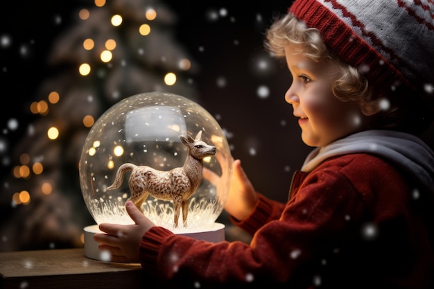 Les enfants se réjouissent en secouant une boule de neige révélant une scène magique de Noël en miniature